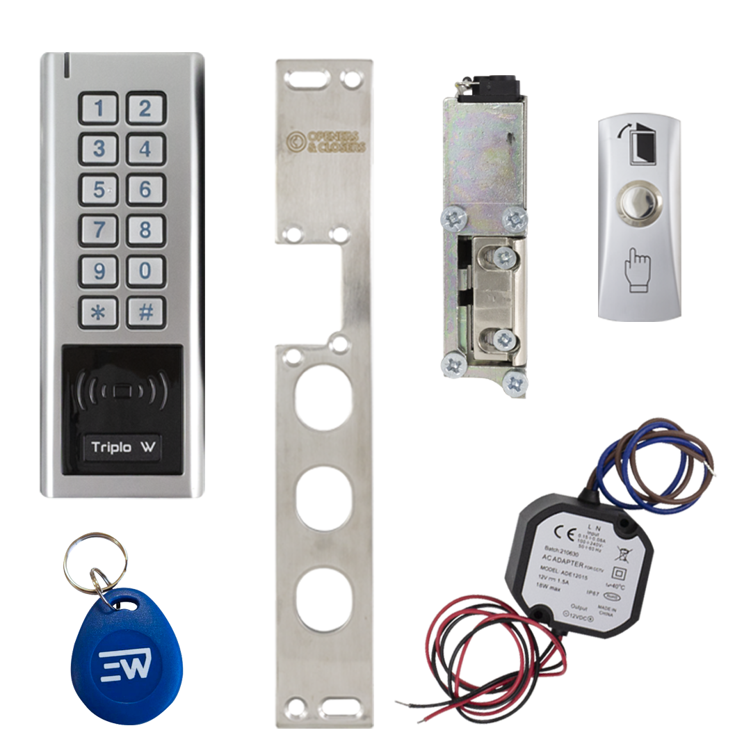 Kit019 - Para uso exterior, Fonte IP67, Controlo de acessos autónomo, Trinco/Testa Eléctrica para portas blindadas direitas, Espelho de 3 furos incluído, Com botão de saída Interior